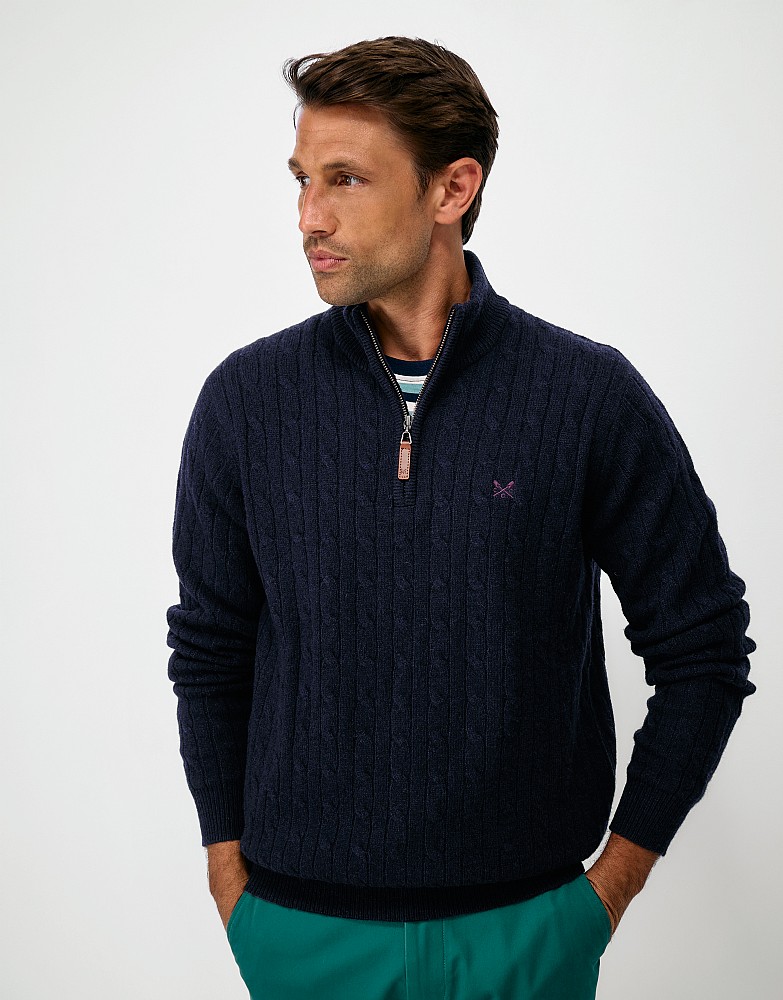 Lambswool Cable Half Zip Jumper in Dark Navy