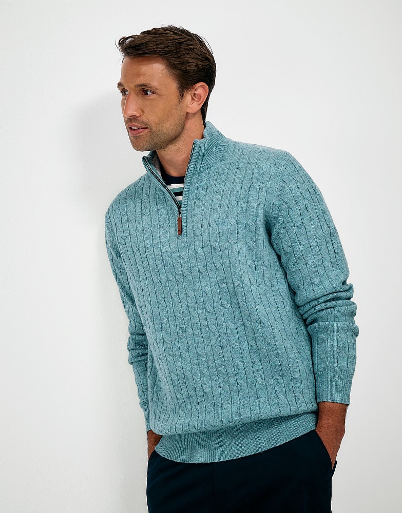 Lambswool Cable Half Zip Jumper in Blue Marl