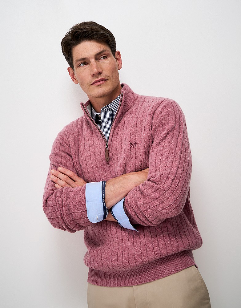 Lambswool Cable Half Zip Jumper in Pink Marl