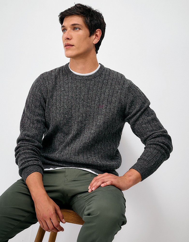 Lambswool Cable Crew Neck Jumper in Charcoal Marl