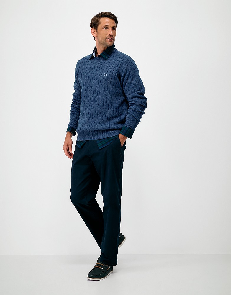 Lambswool Cable Crew Neck Jumper in Blue Marl