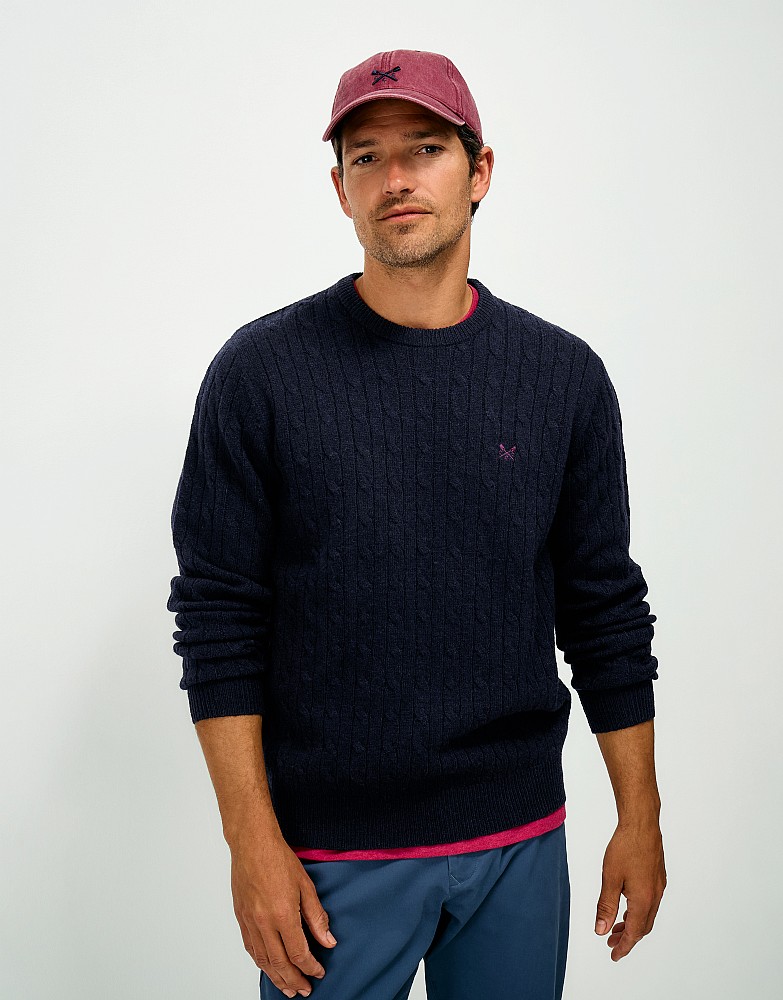 Lambswool Cable Crew Neck Jumper in Navy