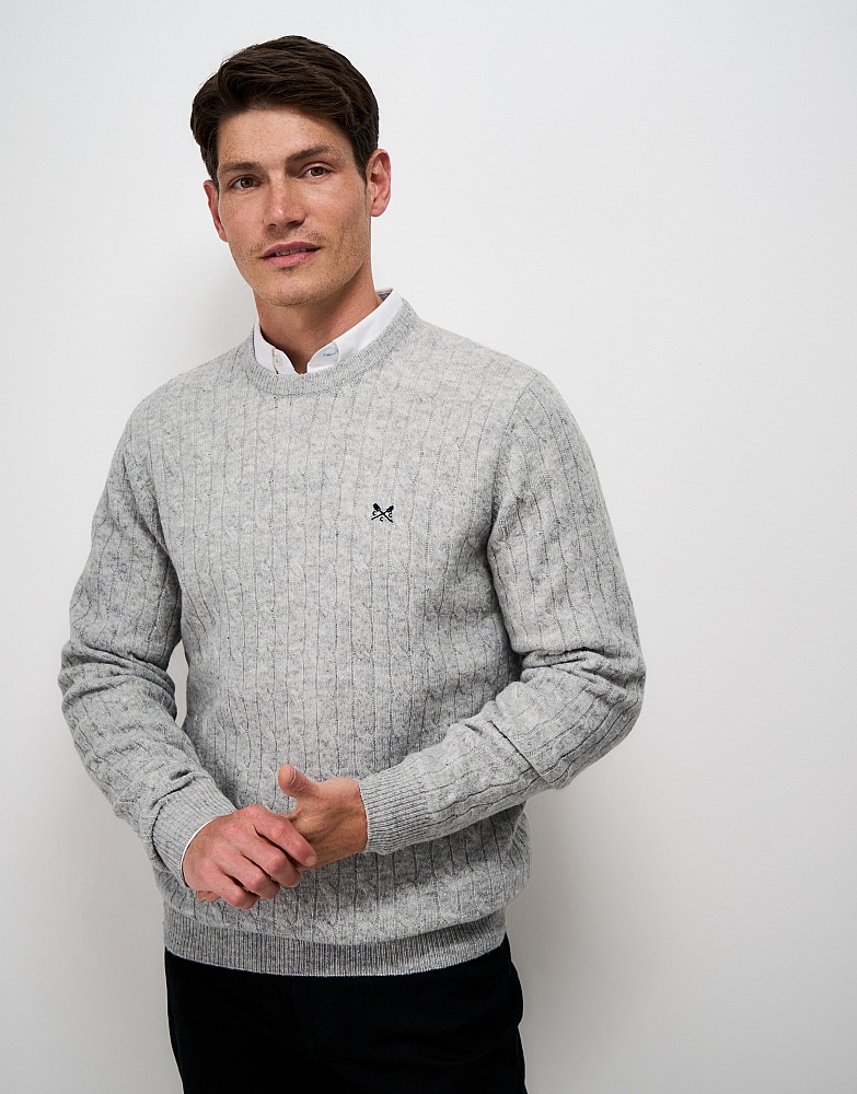 Lambswool Cable Crew Neck Jumper in Grey Marl