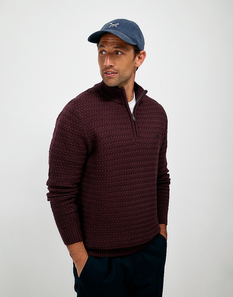 Cotton Basketweave Half Zip Jumper in Burgundy