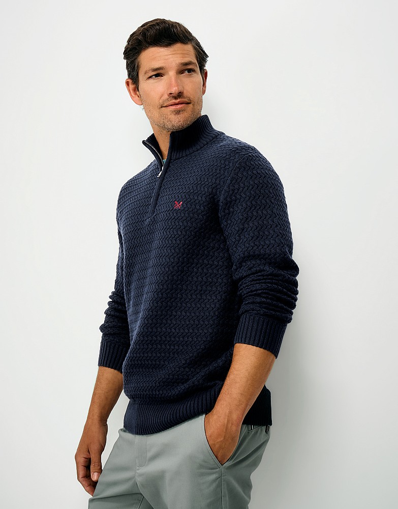 Cotton Basketweave Half Zip Jumper in Dark Navy