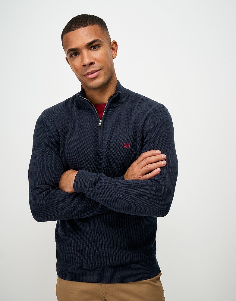 Organic Cotton Pique Stitch Quarter Zip Jumper in Navy