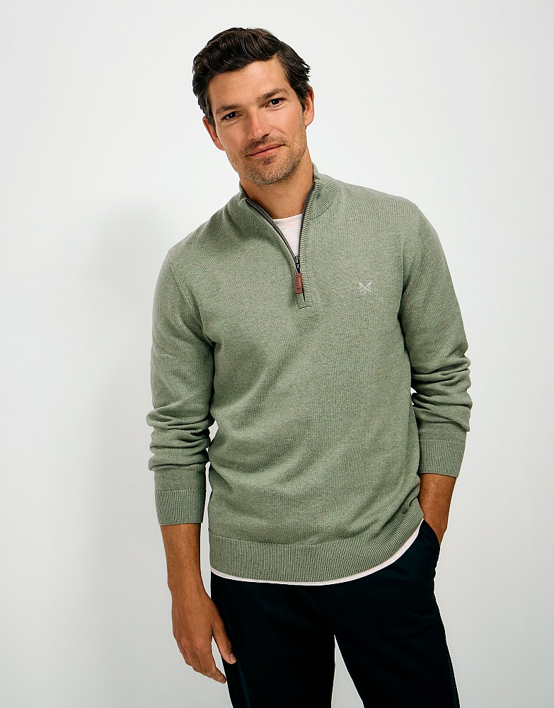 Organic Cotton Half Zip Jumper in Oil Green