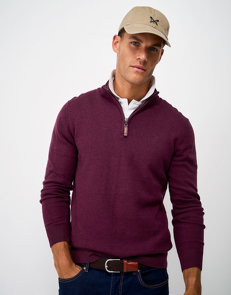 Organic Cotton Half Zip Jumper in Wine Red Marl