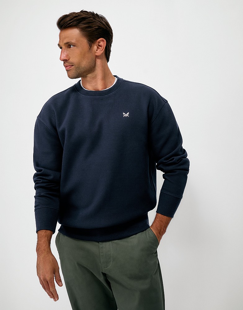 Pique Crew Neck Sweatshirt in Navy