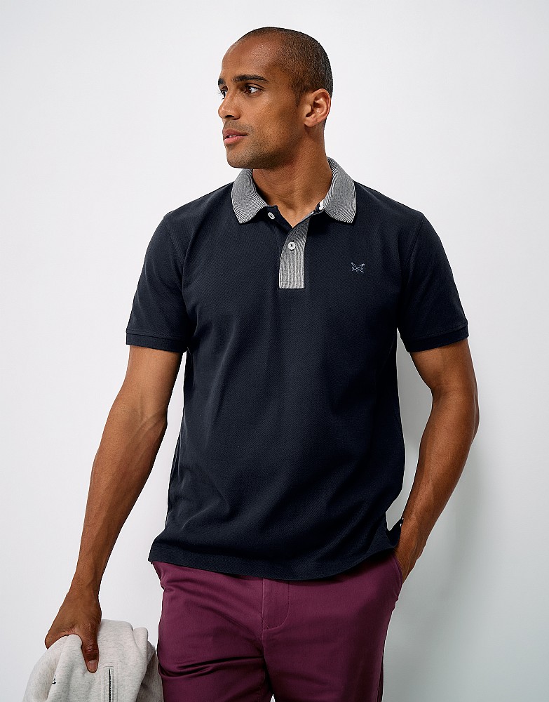 Zig Zag Stitch Collar Polo in Navy and White