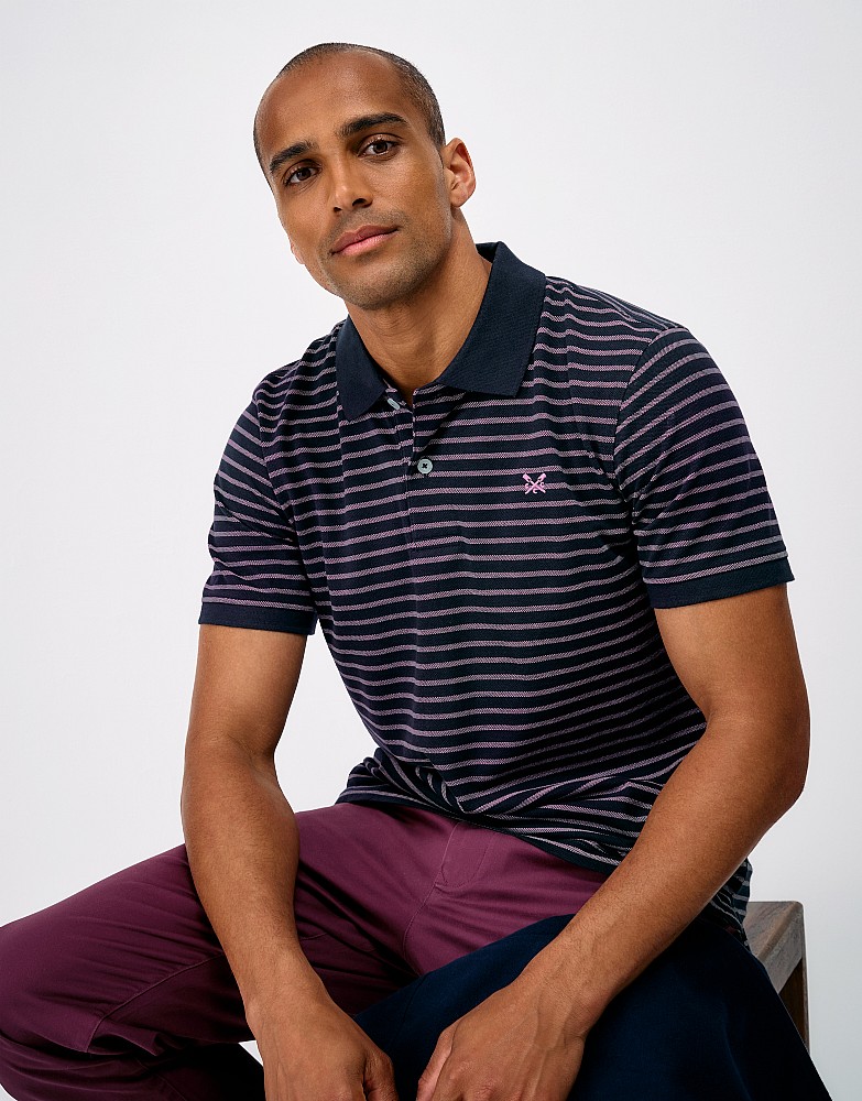 Thin Birdseye Stripe Pique Polo in Navy and Pink