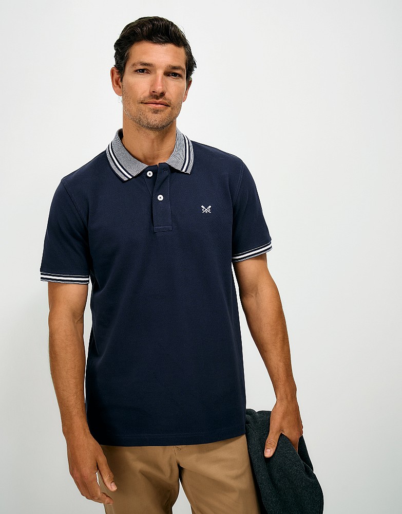 Cotton Piqué Two Tone Collar Polo Shirt in Navy and White