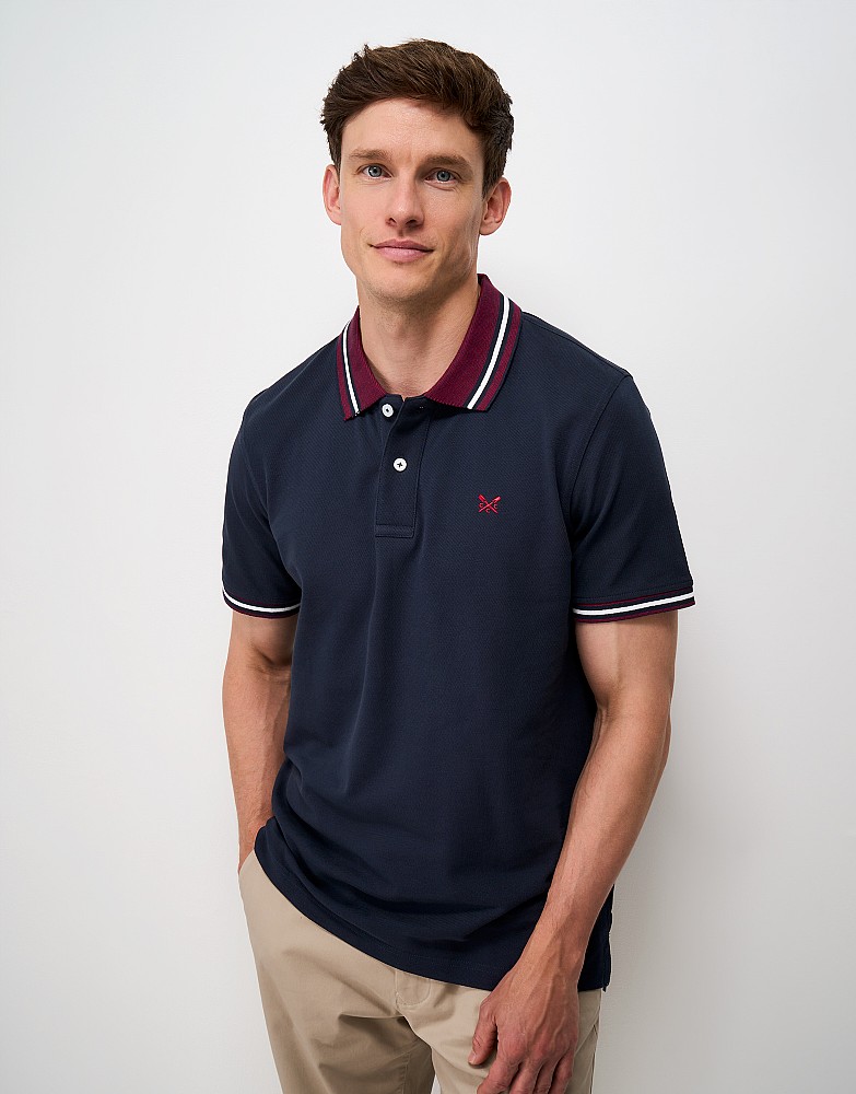 Cotton Pique Two Tone Collar Polo Shirt in Navy and Red