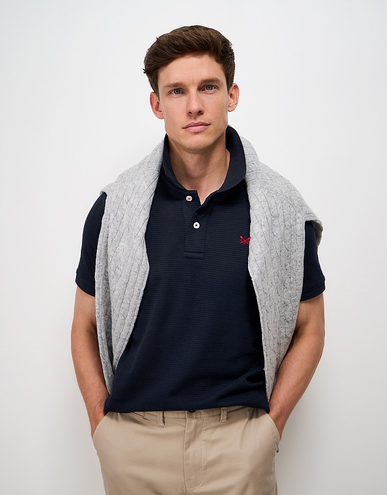 Cotton Jacquard Knit Stitch Polo Shirt in Navy