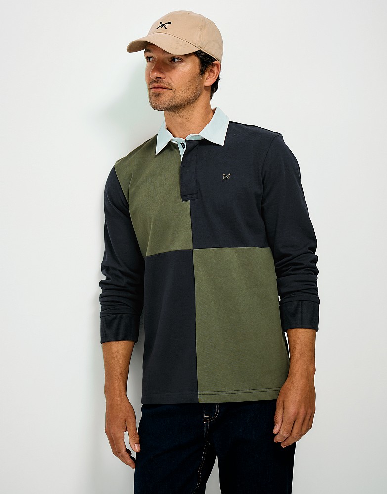 Harlequin Cotton Rugby Shirt in Olive Green & Navy