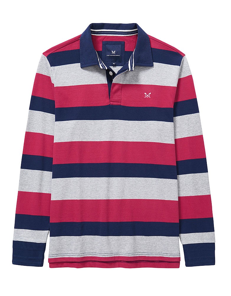 Men's Crew Long Sleeve Rugby Shirt in Washed Cherry/Grey/Navy from Crew