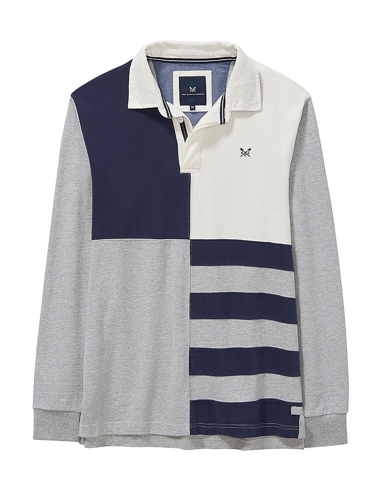 Men's Quarter Rugby Shirt in Mid Grey Marl/Navy/White from Crew Clothing Company