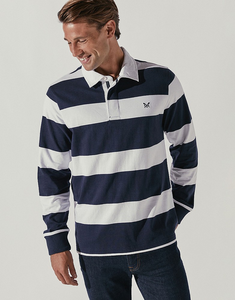 Front Row Sewn Stripe Long Sleeve Rugby Shirt – White & Navy With White Collar, Size S