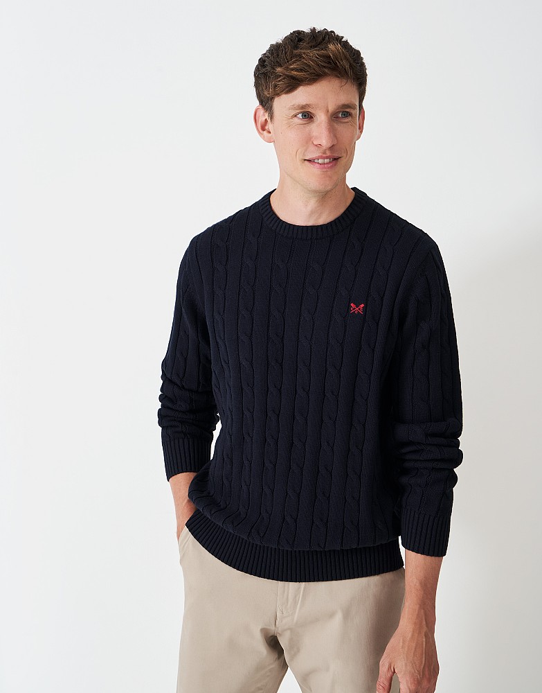 Oarsman Organic Cotton Cable Crew Neck in Dark Navy