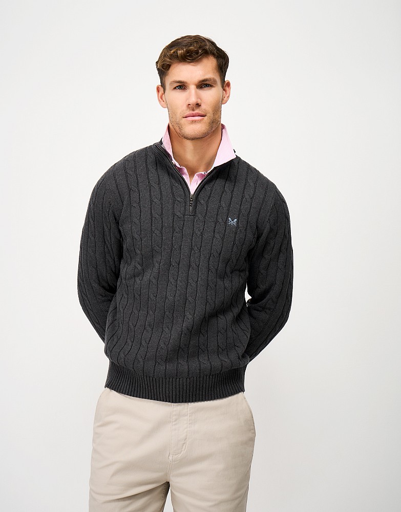 Oarsman Organic Cotton Cable Knit Half Zip Jumper in Charcoal Marl