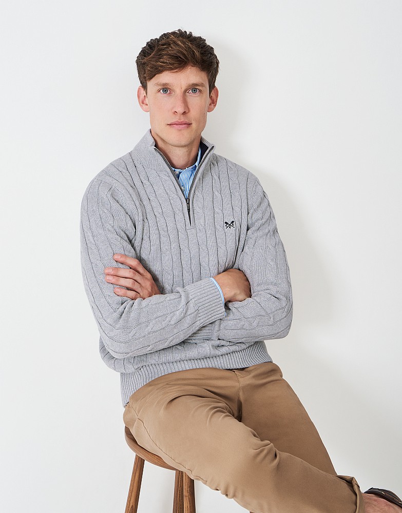 Organic-Cotton Cable-Knit Oarsman Half-Zip Jumper in Grey Marl