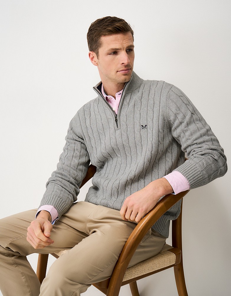 Organic-Cotton Cable-Knit Oarsman Half-Zip Jumper in Mid Grey Marl