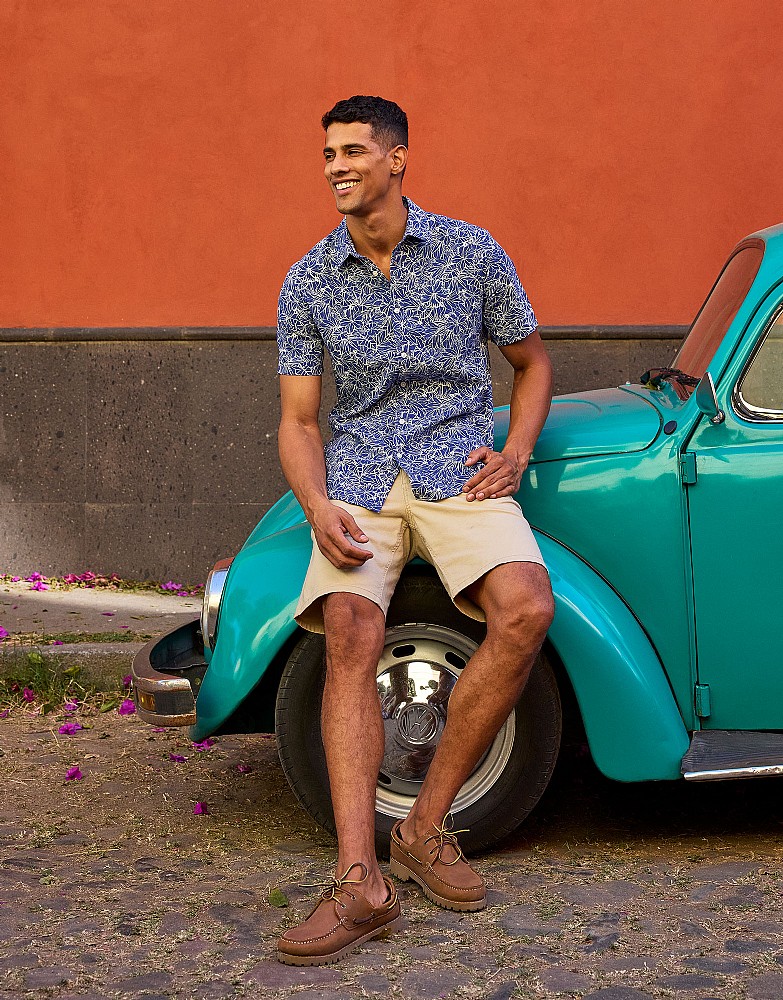 Short Sleeve Linen Viscose Blend Tropical Print Classic Fit Shirt