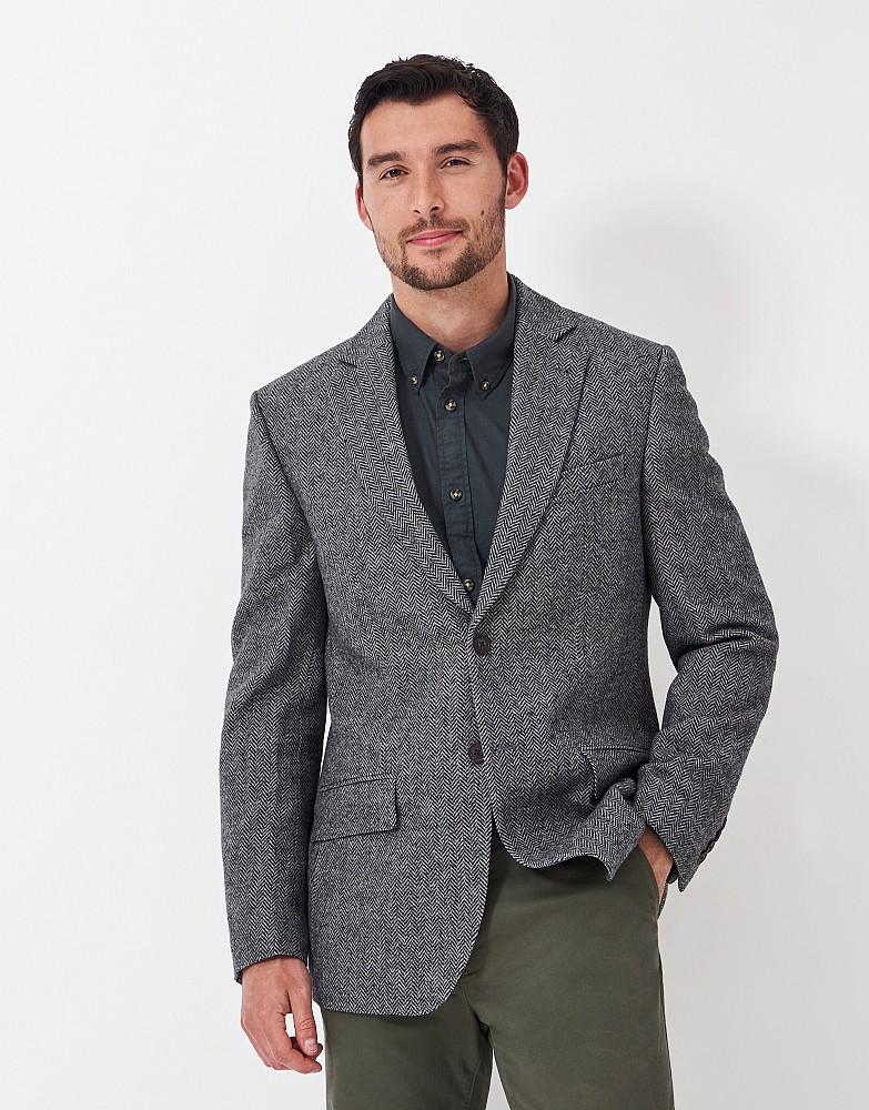 Wool Blend Herringbone Blazer in Grey