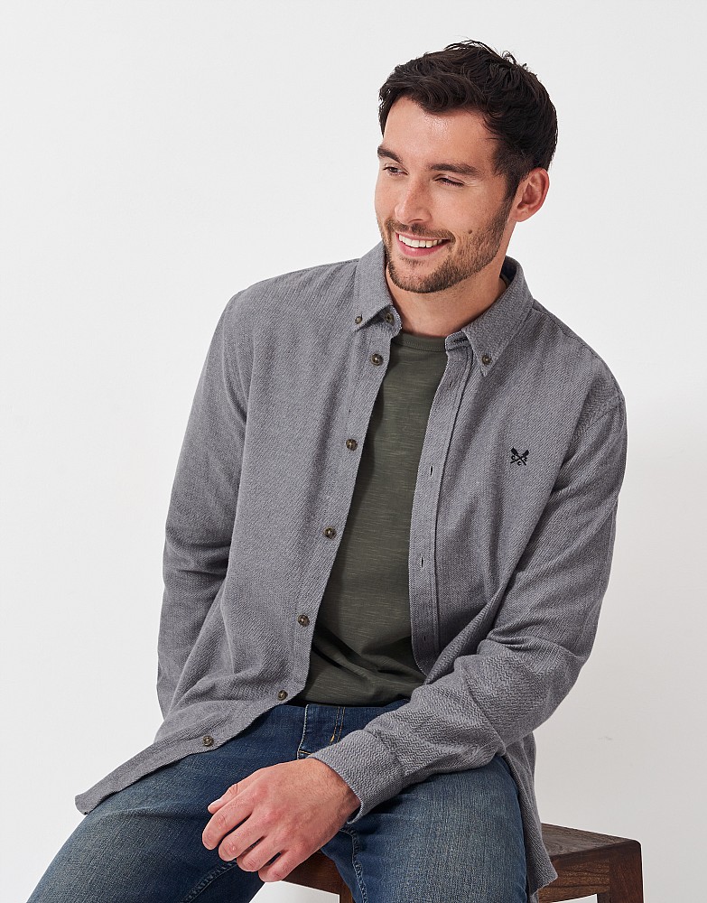 Herringbone Cotton Flannel Shirt in Grey and White