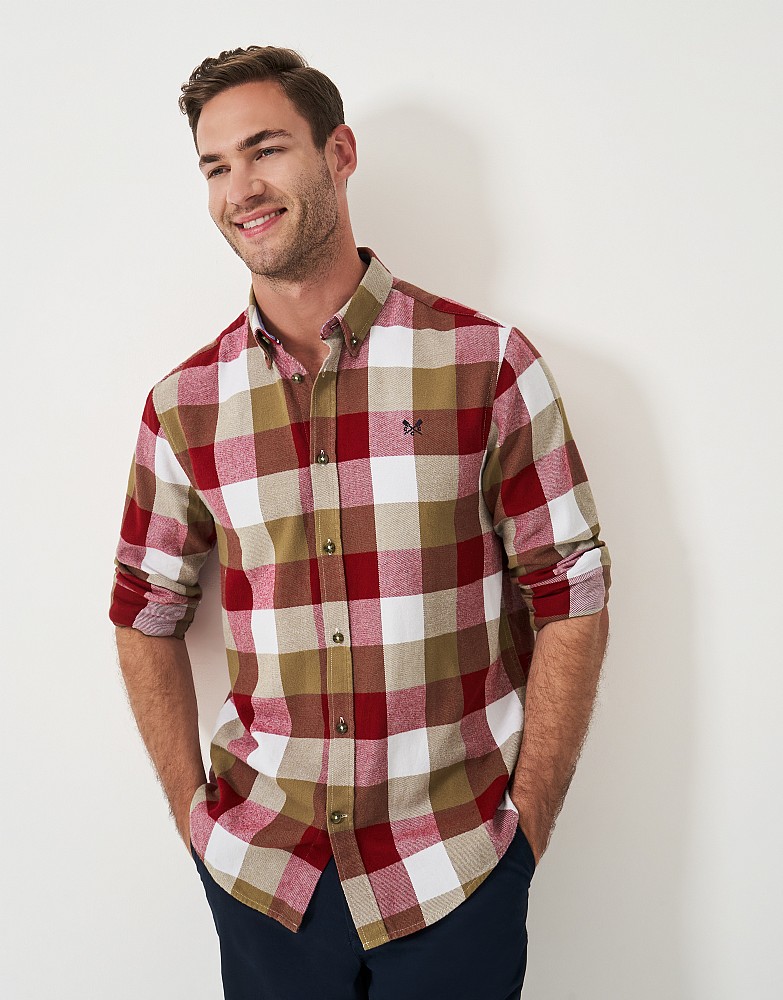 Buffalo Check Brushed Cotton Flannel Shirt in Taupe and Red