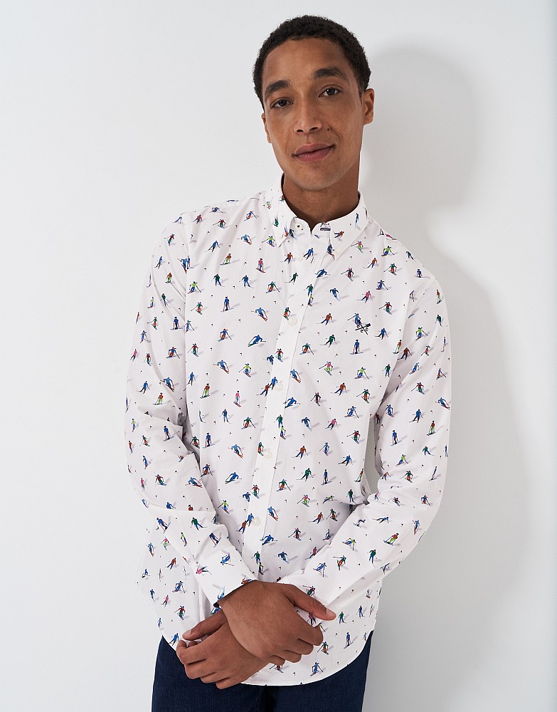 Long Sleeve Ski Print Shirt in White