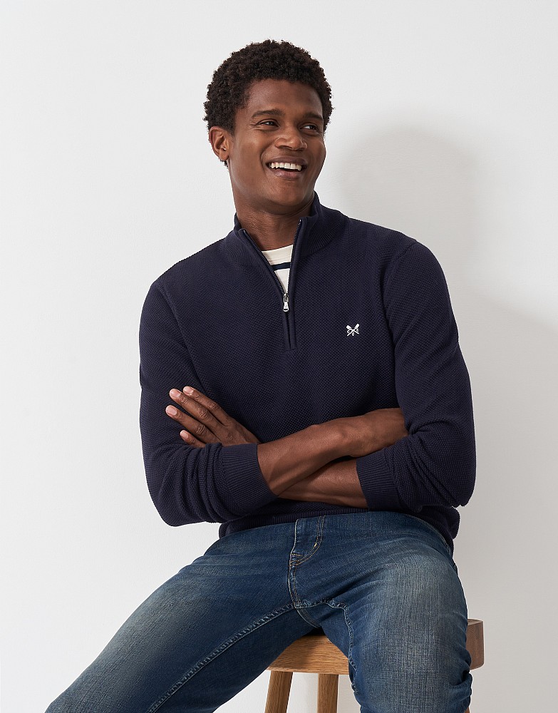 Cotton Pique Stitch Half Zip Jumper in Navy - heritage dark navy