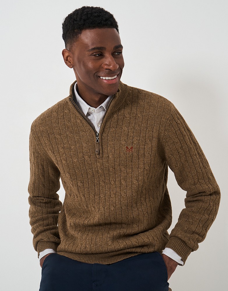 Lambswool Cable Knit Half Zip Jumper in Brown