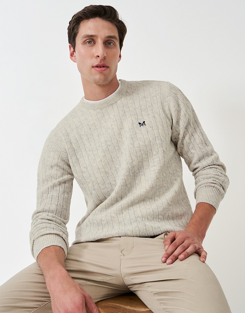 Lambswool Cable Knit Crew Neck Jumper in Ice Grey