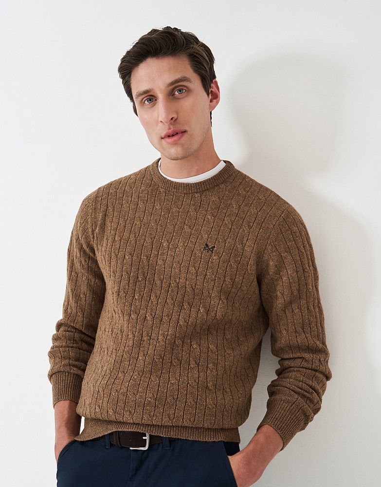 Lambswool Cable Knit Crew Neck Jumper in Brown