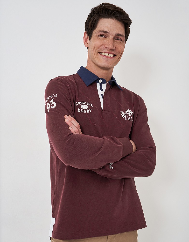 Union Crew Branded Contrasting Collar Rugby Shirt in Burgundy