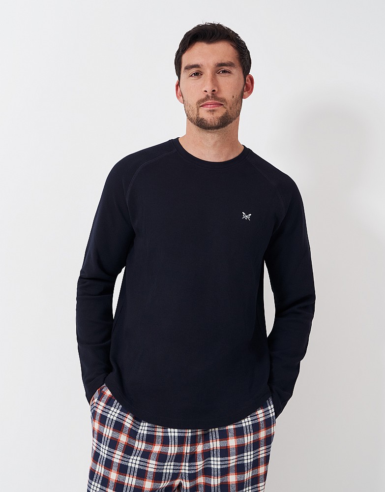 Long Sleeve Cotton Blend Waffle Tee in Navy