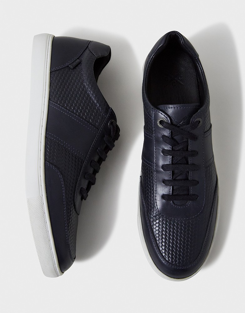 Woven Effect Leather Trainer in Navy
