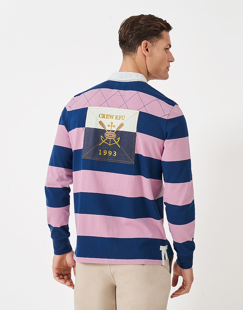 Men's Patched Rugby Shirt in Pink Blue Stripe from Crew Clothing