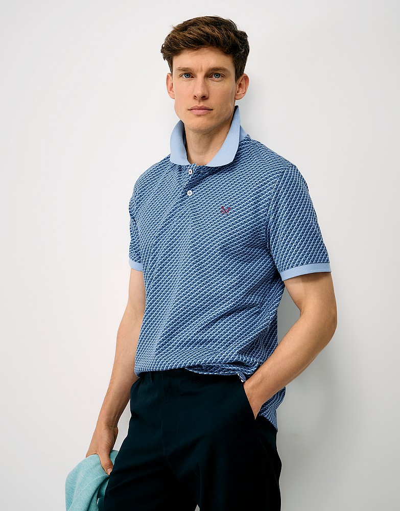 Geo Print Cotton Polo Shirt in Blue
