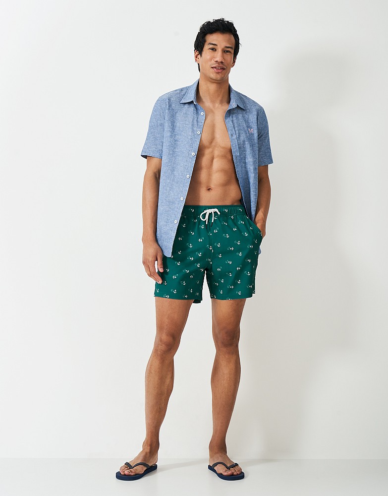 Anchor-Print Swim Shorts in Teal Green
