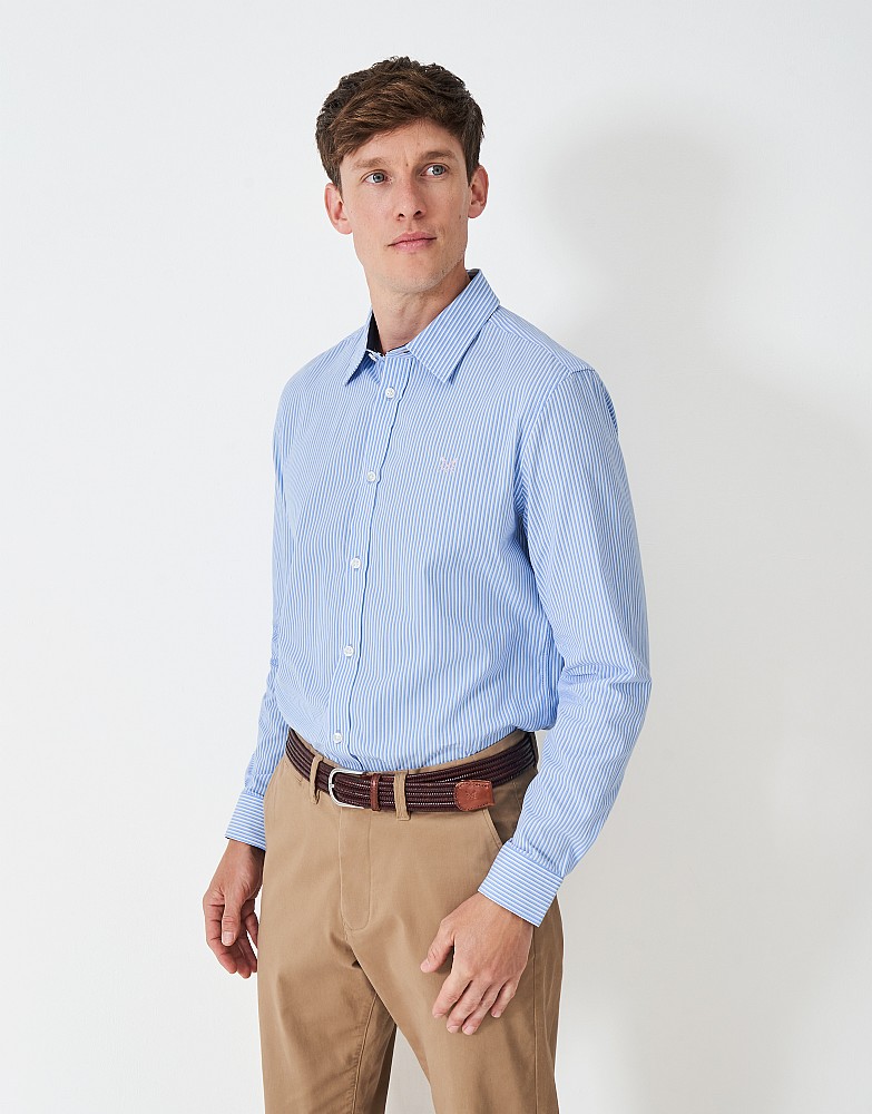Slim Fit Cotton Poplin Shirt in Sky Blue and White Pinstripe