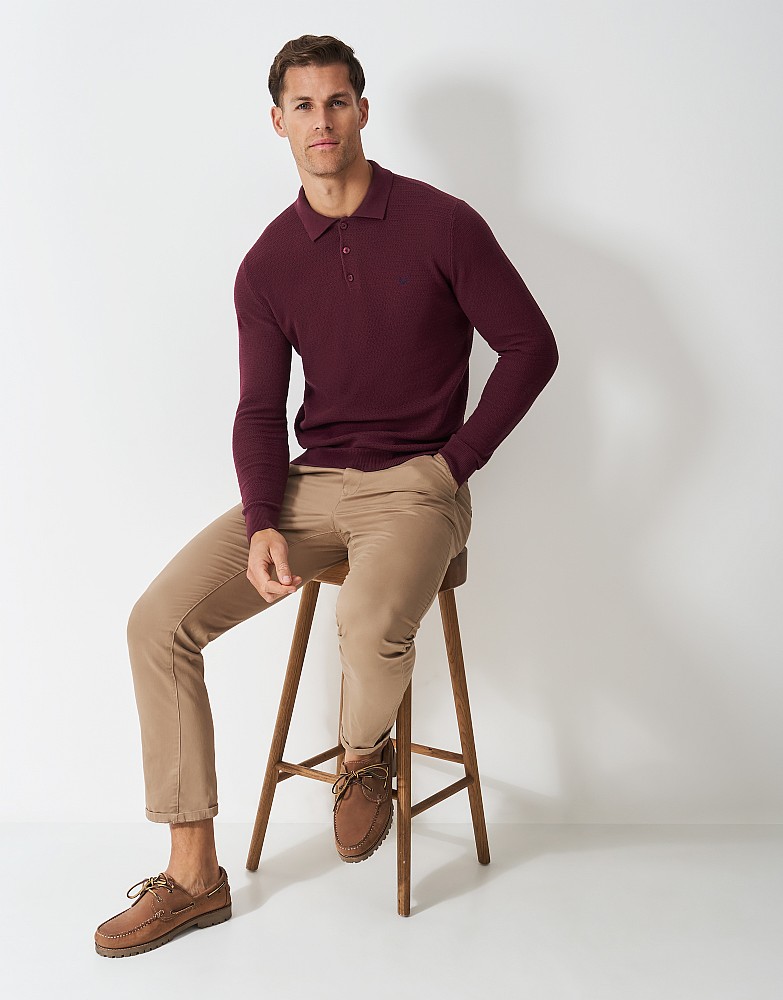 Pique Knitted Long Sleeved Polo Shirt in Burgundy