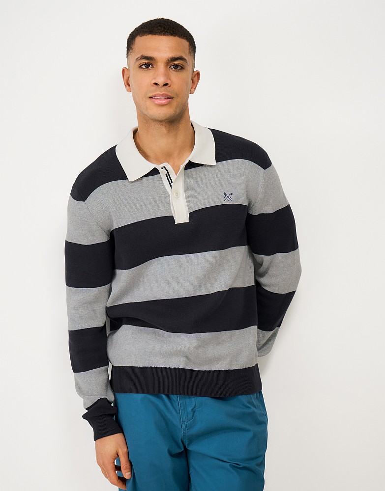 Knitted Cotton Rugby in Navy & Grey Marl Stripes