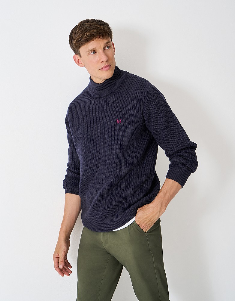 Fisherman Rib Roll Neck Jumper in Navy