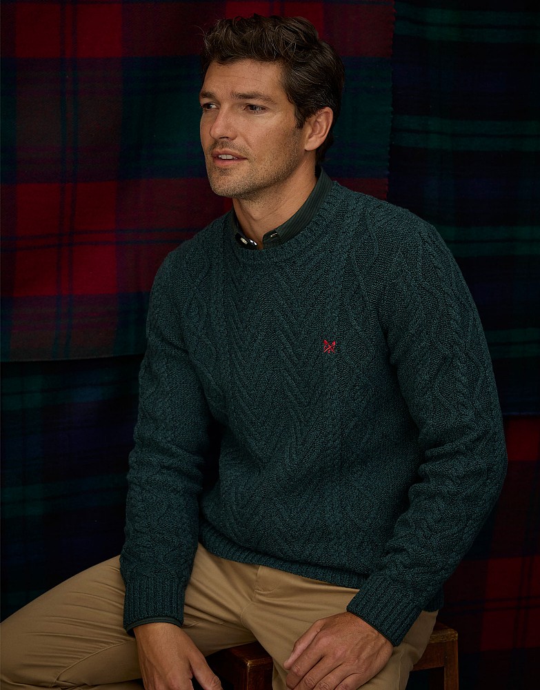 Recycled Cotton Cable Crew Neck Jumper in Forest Green