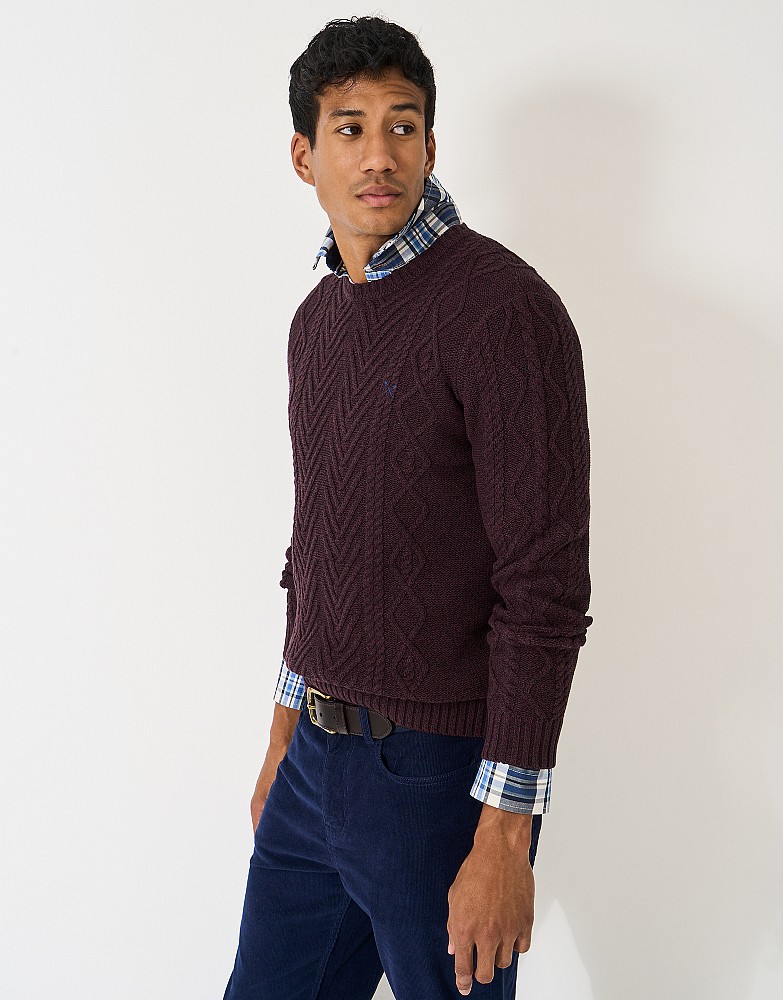 Recycled Cotton Cable Crew Neck Jumper in Burgundy