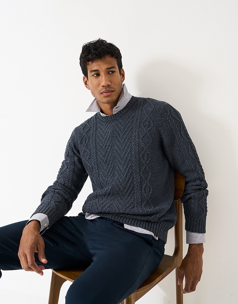 Recycled Cotton Cable Crew Neck Jumper in Navy
