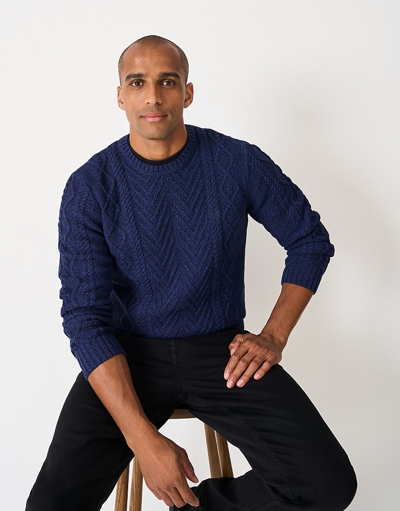 Recycled Cotton Cable Crew Neck Jumper in Navy and Cobalt Blue