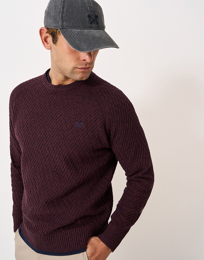 Recycled Cotton All-Over Textured Crew Neck Jumper in Burgundy